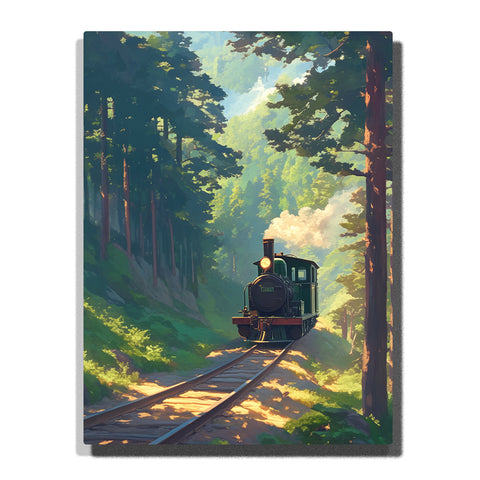 Steam train on a forest railway with sunlit tracks, tall trees, and soft rising steam, landscape paint by numbers wall art by PaintEasy