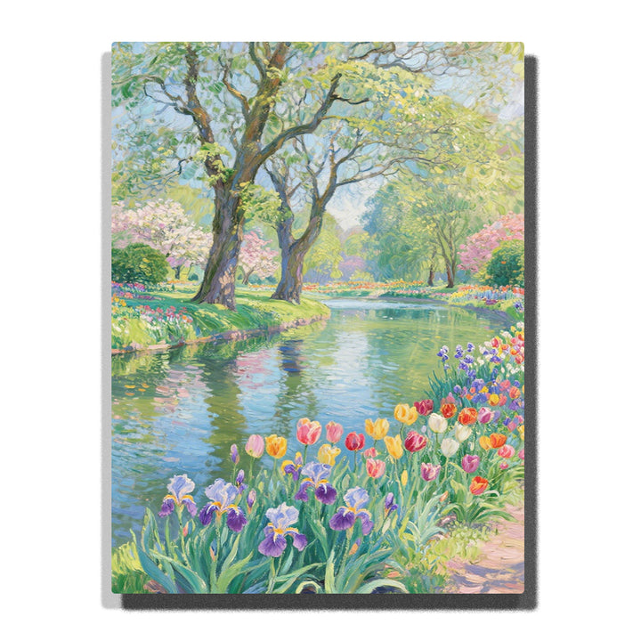 Paint by numbers kit featuring colorful spring garden with river and blooming flowers