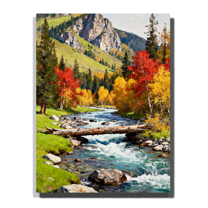 Paint by numbers kit featuring mountain stream with autumn trees, rocky landscape, and flowing water in scenic valley