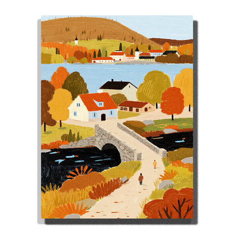 Paint by numbers kit featuring autumn village landscape with country houses, winding path, and colorful trees in stylized design