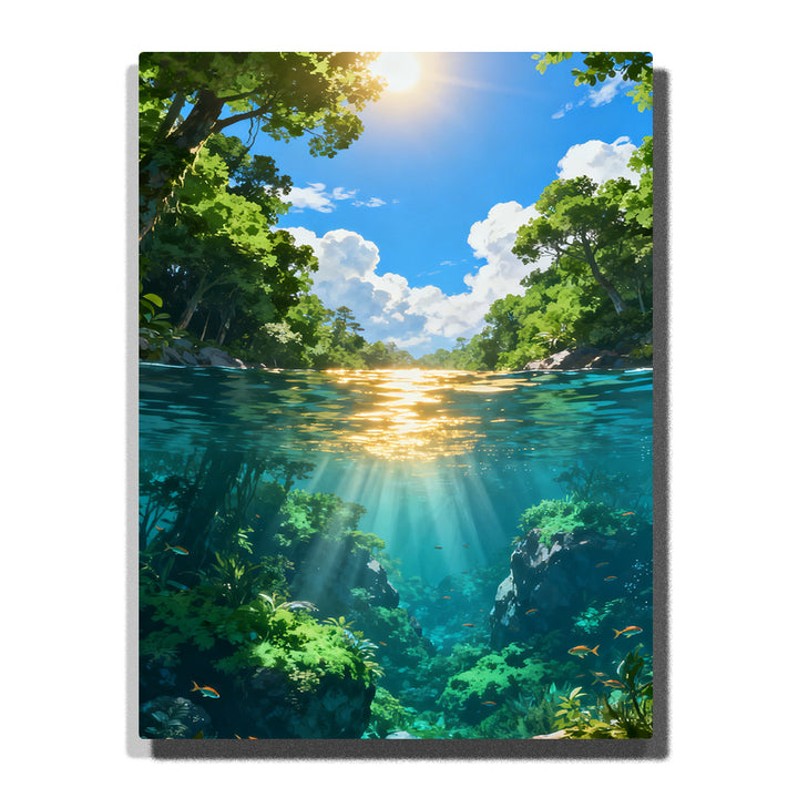 Paint by numbers kit featuring clear water lagoon with underwater view, sunlight rays, and surrounding forest