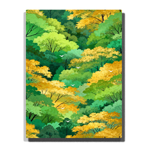 Paint by numbers kit featuring layered forest canopy with green and yellow foliage in stylized pattern