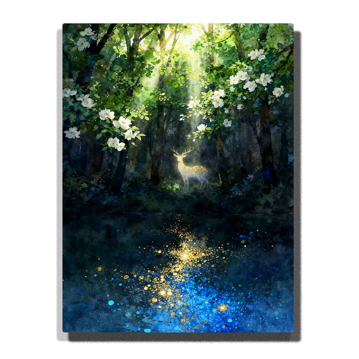 Paint by numbers kit featuring deer in sunlit forest path with white blossoms and glowing reflections