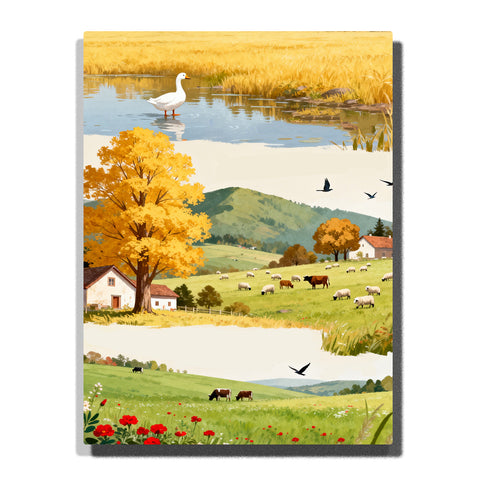 Paint by numbers kit featuring layered countryside with swan lake, grazing cows, village fields, and birds