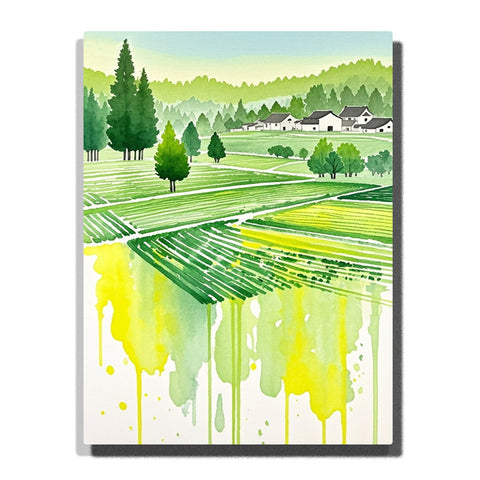 Paint by numbers kit featuring green farmland with village, fields, and dripping paint effect in modern landscape style
