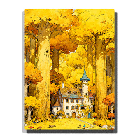 Paint by numbers kit featuring fairytale house in golden autumn forest with towering trees and tiny figures