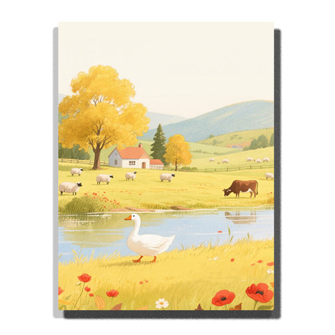 Paint by numbers kit featuring autumn countryside scene with geese and cows