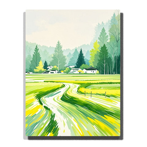 Paint by numbers kit featuring winding country path through green fields with expressive brushstrokes and rural houses