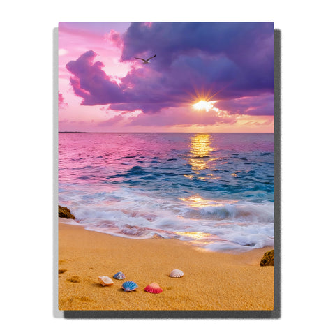 Pink sunset beach with seashells on golden sand, foamy ocean waves, violet clouds, glowing sun reflection, and coastal paint by numbers wall art.