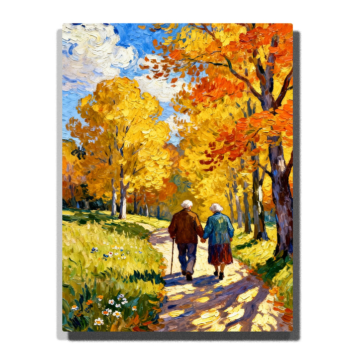 Paint by numbers kit featuring elderly couple walking along autumn path with golden trees and sunlight