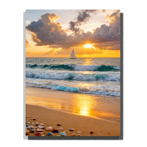 Golden sunset beach with white sailboat, seashells on wet sand, rolling ocean waves, glowing sky reflection, cloud layers, and coastal paint by numbers wall art.