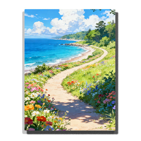 Paint by numbers kit featuring sunny coastal path with colorful flowers and blue ocean view under clear sky