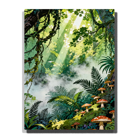 Paint by numbers kit featuring sunlight beams through lush forest with ferns, wild mushrooms, and misty background