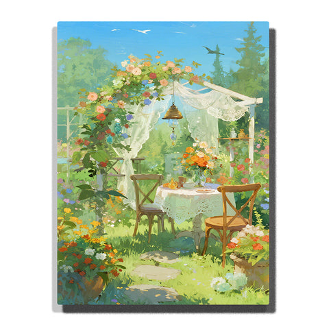 Paint by numbers kit featuring floral garden tea table with lace canopy and vibrant flowers