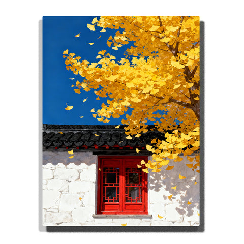 Paint by numbers kit featuring golden leaves beside red window on white wall with blue sky and architectural detail