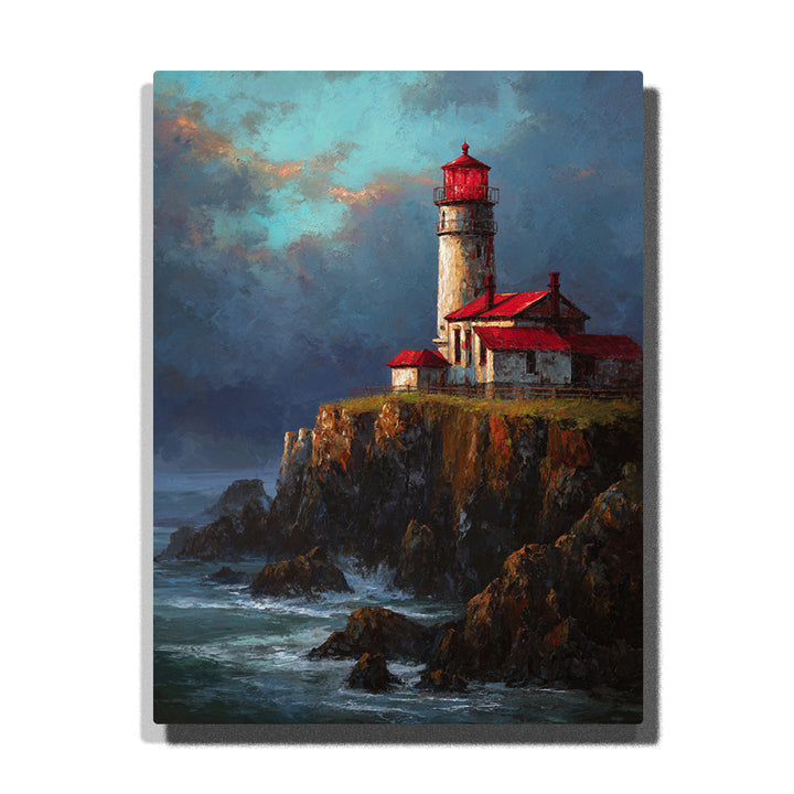 Stormy cliff lighthouse with red roof keeper house, rugged rocks, blue-gray clouds, and ocean waves paint by numbers landscape wall art.