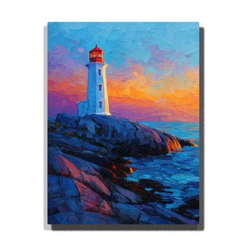White lighthouse on purple coastal rocks with red lantern room, colorful sunset sky, and blue ocean paint by numbers landscape wall art.