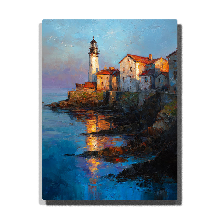 Harbor lighthouse beside coastal village houses with rocky shoreline, blue sea, and golden water reflection paint by numbers landscape wall art.