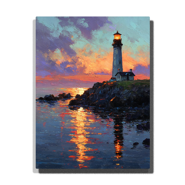 White lighthouse on rocky coast at sunset with glowing golden water reflection, colorful sky, and seaside house paint by numbers landscape wall art.