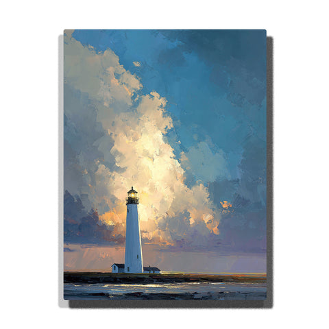 White lighthouse beneath towering glowing clouds with blue-gray sky, ocean horizon, and coastal shoreline paint by numbers landscape wall art.