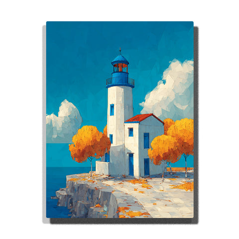 White lighthouse by blue sea with golden trees, stone walkway, large clouds, and coastal landscape paint by numbers wall art.
