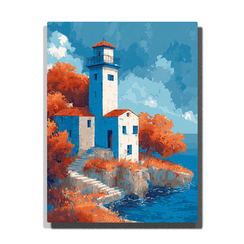White coastal lighthouse with orange seaside trees, rocky steps, blue ocean, and bright sky paint by numbers landscape wall art.