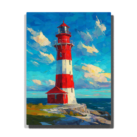 Red and white striped lighthouse on rocky blue coastline with bright sky and ocean horizon paint by numbers landscape wall art.