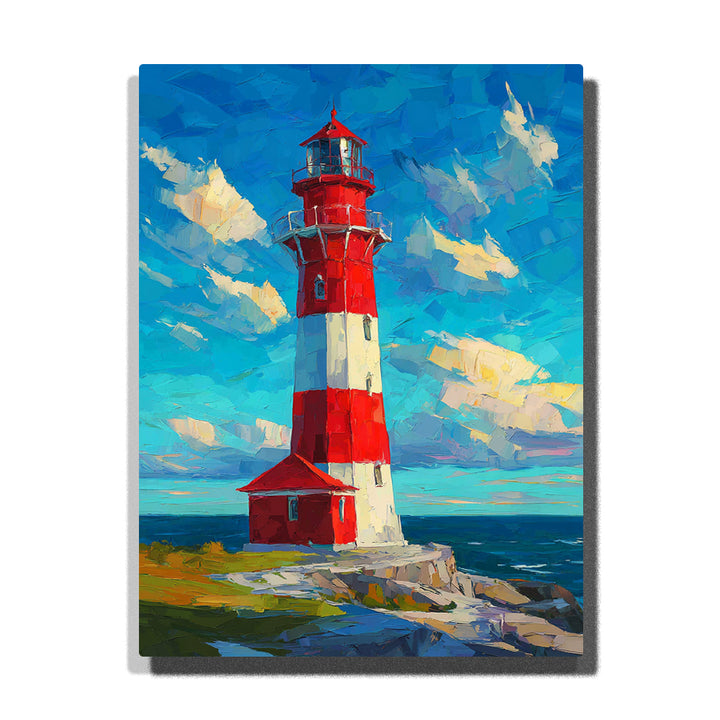 Red and white striped lighthouse on rocky blue coastline with bright sky and ocean horizon paint by numbers landscape wall art.