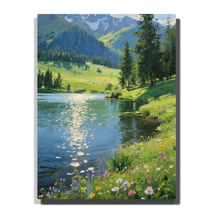 Paint by numbers kit featuring tranquil mountain lake with wildflowers and reflections