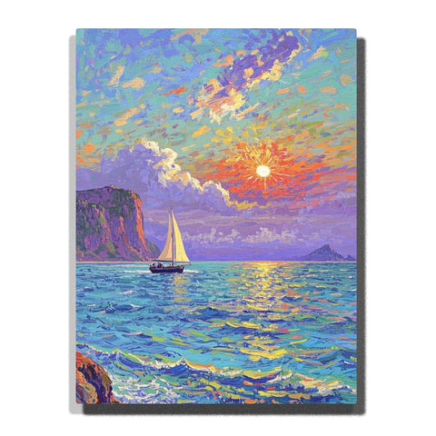 Paint by numbers kit featuring sunset sailing boat on the ocean with cliffs and vibrant sky