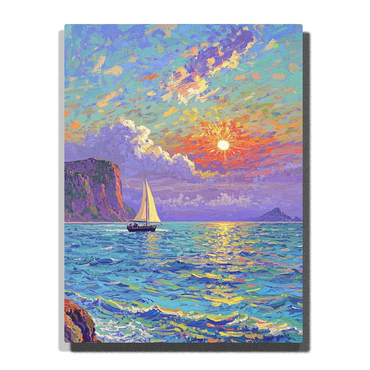 Paint by numbers kit featuring sunset sailing boat on the ocean with cliffs and vibrant sky