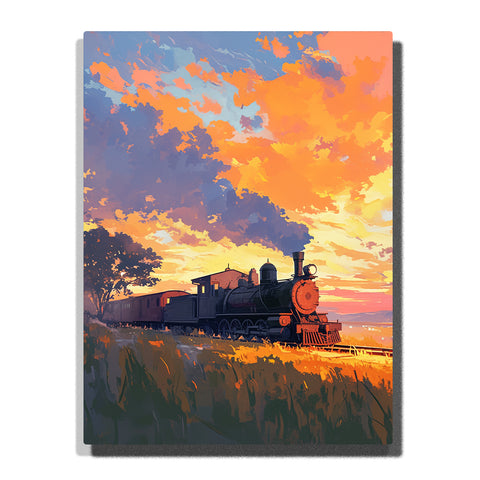 Steam train with glowing headlamp beneath a golden sunset cloudscape and open grassy landscape, landscape paint by numbers wall art by PaintEasy