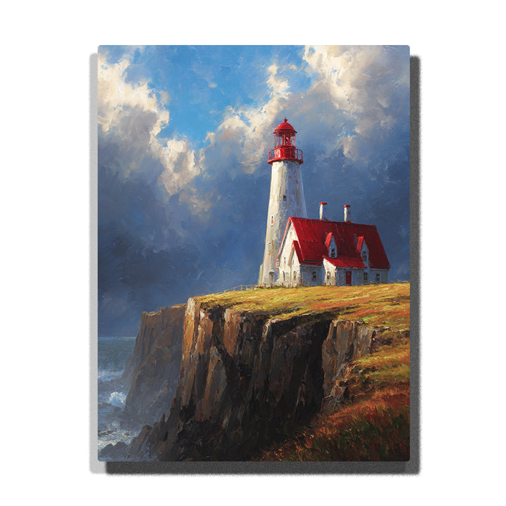 Red roof lighthouse on stormy sea cliff with white tower, blue-gray clouds, rugged rocks, golden grass, and ocean mist paint by numbers landscape wall art.