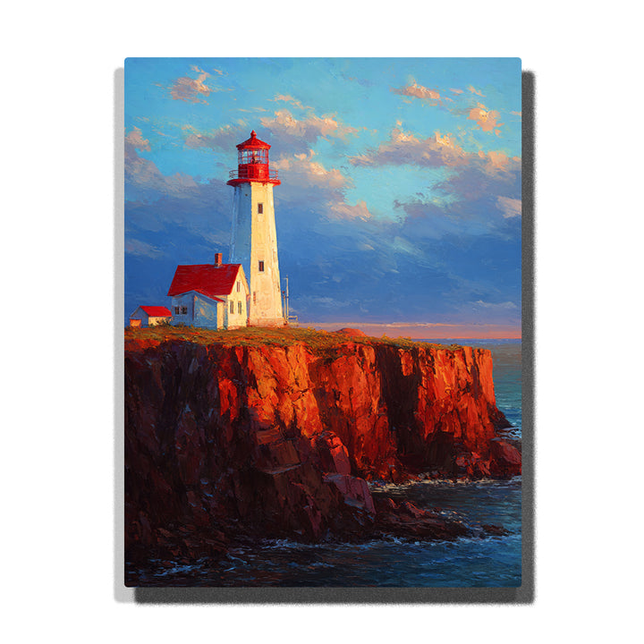 White lighthouse with red roof on glowing red coastal cliff, blue sky, ocean waves, and sunset light paint by numbers landscape wall art.