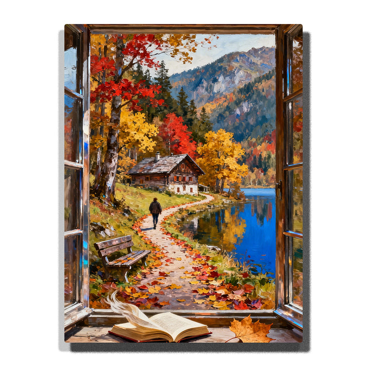 Paint by numbers kit featuring autumn lake view through open window with cabin, mountains, and colorful trees