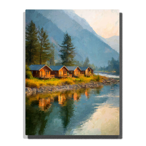 Riverside cabins with pine trees, rocky shore, calm reflections, and misty blue mountains, landscape paint by numbers wall art by PaintEasy