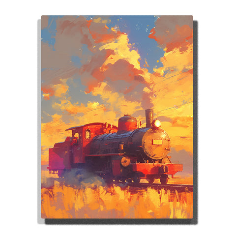 Steam train with glowing headlamp beneath a bright golden cloud sky and sunlit grasses, landscape paint by numbers wall art by PaintEasy