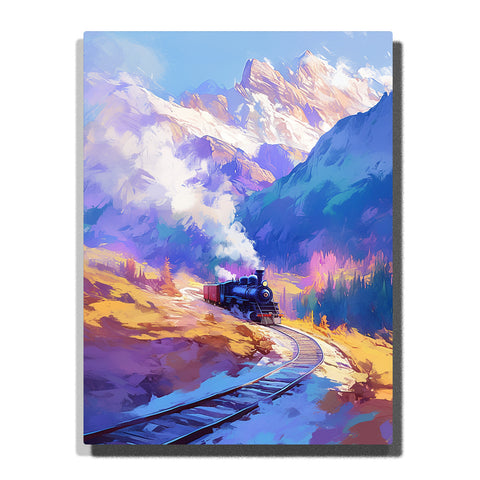 Steam train on a curving railway beneath lavender snow mountains with golden valley light, landscape paint by numbers wall art by PaintEasy