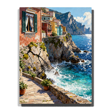 Cliffside coastal village with colorful houses, green shutters, turquoise sea, rocky cliffs, white waves, distant mountains, and landscape paint by numbers wall art.