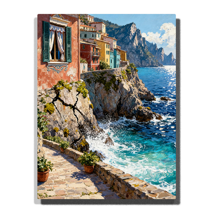 Cliffside coastal village with colorful houses, green shutters, turquoise sea, rocky cliffs, white waves, distant mountains, and landscape paint by numbers wall art.