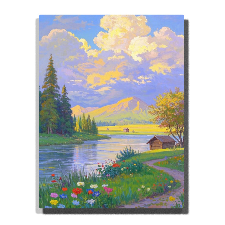 Paint by numbers kit featuring serene mountain view with river and vibrant wildflowers