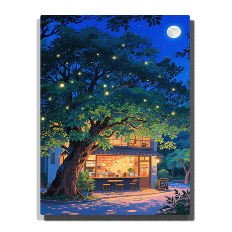 Paint by numbers kit featuring cozy night cafe under tree with warm lights and moonlight in peaceful evening scene
