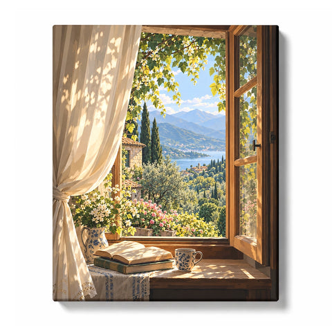 Sunlit Garden View through an Open Woodland Window