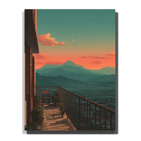 Balcony with chair and potted plants overlooking a distant mountain city beneath a coral sunset and turquoise sky, city paint by numbers wall art by PaintEasy