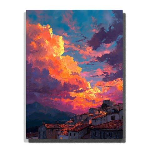 Glowing orange and pink clouds above a mountain rooftop village with dark blue peaks, landscape paint by numbers wall art by PaintEasy
