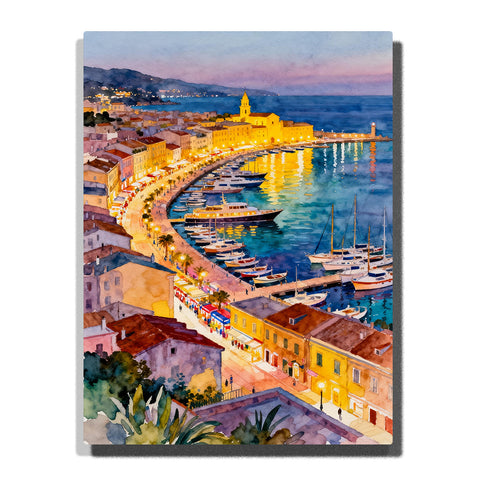 Golden harbor town at twilight with marina boats, waterfront lights, yellow church tower, blue sea, distant hills, and glowing reflections.