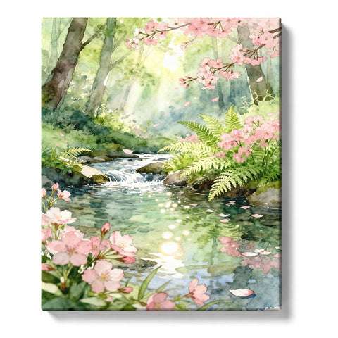 Sunlit Blossom Forest Stream Paint by Numbers Kit For Adults