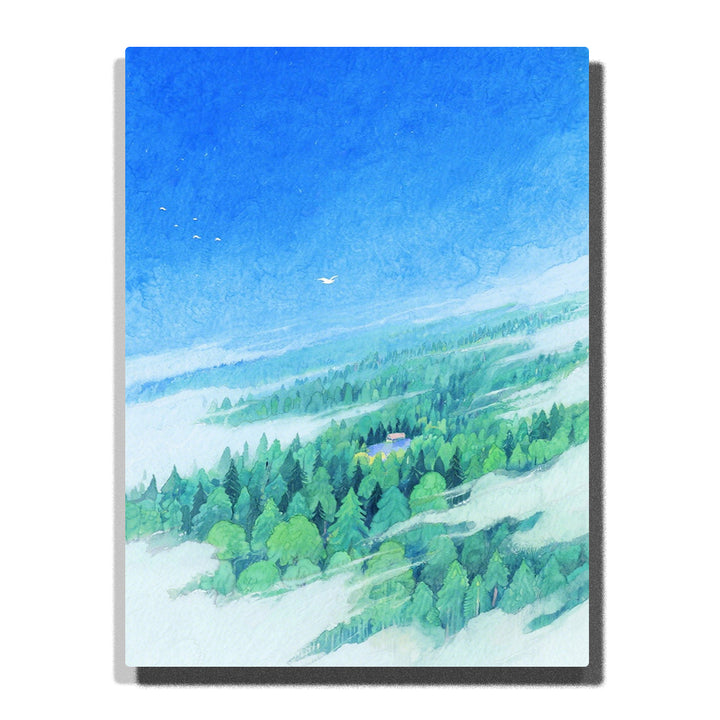 Paint by numbers kit featuring serene sky over verdant landscape with mist