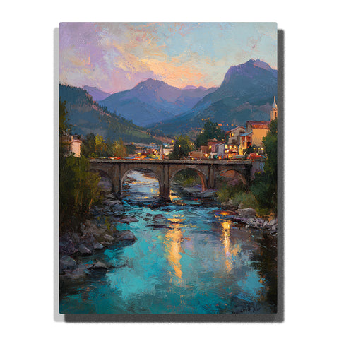 Stone bridge over a turquoise river with glowing reflections, mountain valley town, and dusky alpine peaks, landscape paint by numbers wall art by PaintEasy