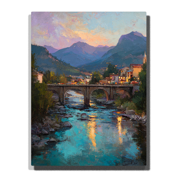 Stone bridge over a turquoise river with glowing reflections, mountain valley town, and dusky alpine peaks, landscape paint by numbers wall art by PaintEasy